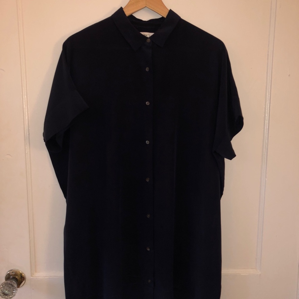 Everlane Navy square silk shirt dress